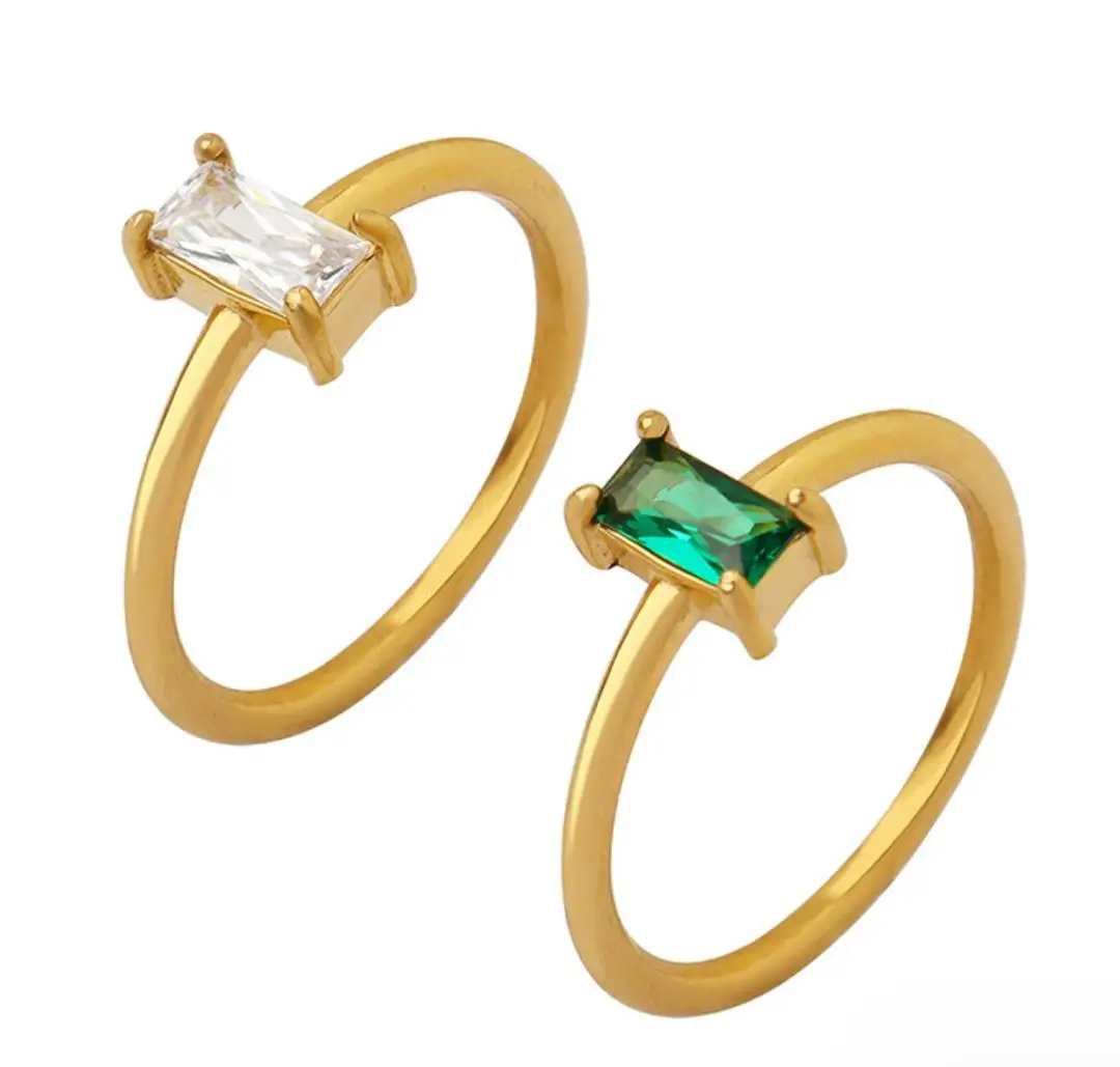 Newest Arrival Stainless Steel Emerald Green White Rectangular Cubic Zircon Fine Ring For Women Wedding Jewelry