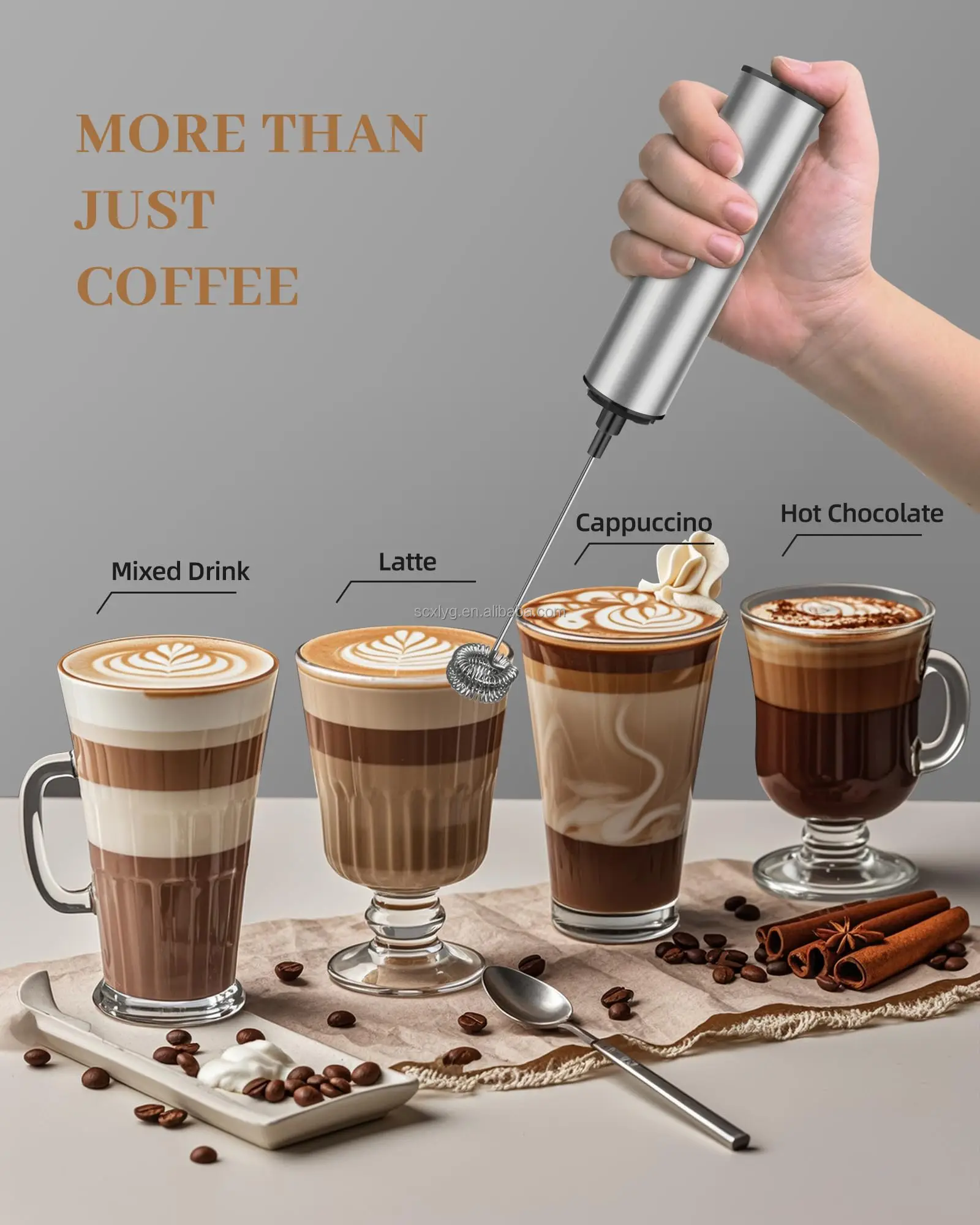 XLR USB Rechargeable Handheld Electric Coffee Mixer Milk Frother Foam Maker Whisk with Extra Heads 2 Adjustable Speeds for Latte