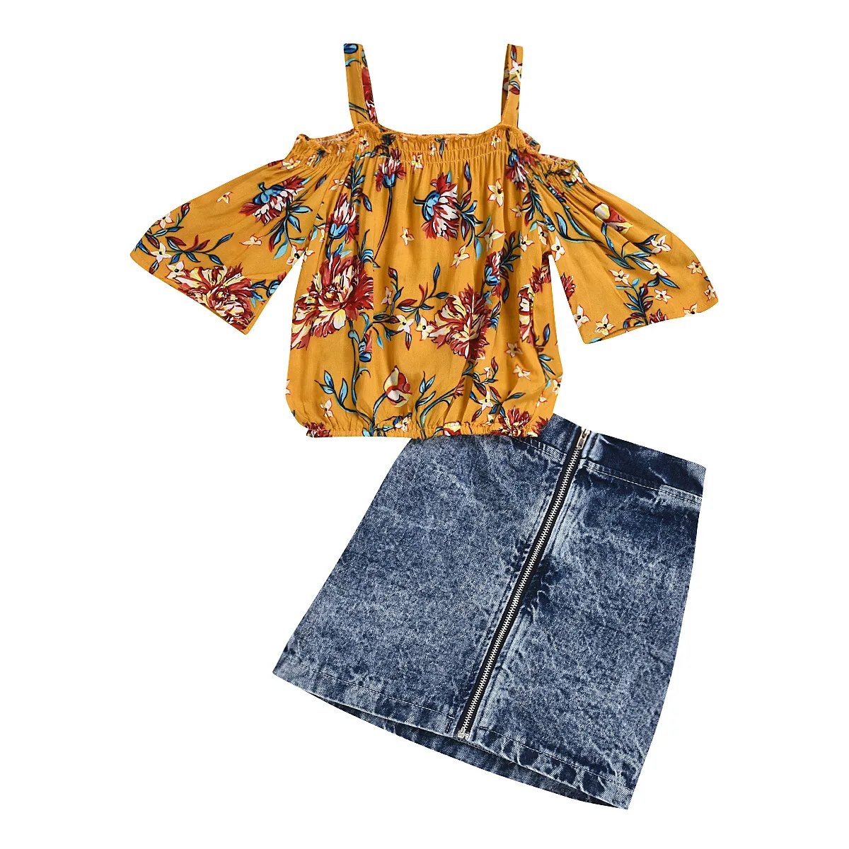 High Quality Floral Suspender Top and Denim Skirt Kids Girl Clothes Set
