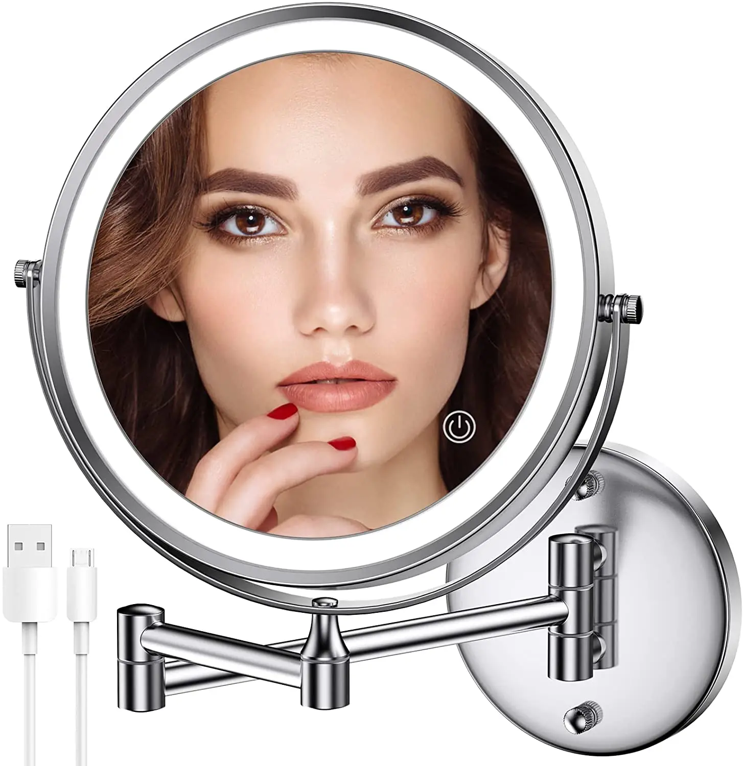 USB Rechargeable Cordless Chrome Color Two Sides Adjustable 1X 3X 5X 7X 10X Magnification Wall Mount Shaving Light up Mirror