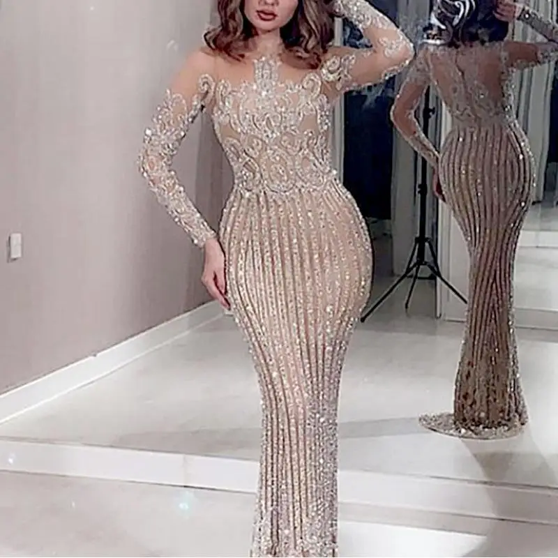 Elegant spring long sleeve party evening dress sequin prom dresses
