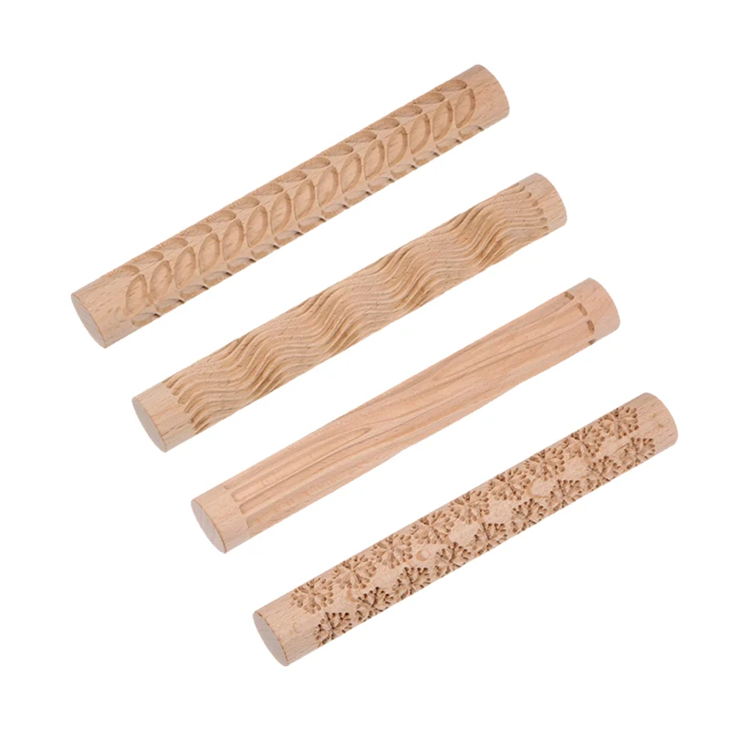 Multiple patterns olive wood rolling pin Wooden carving fondant Embossing Baking cookie beech rolling pin