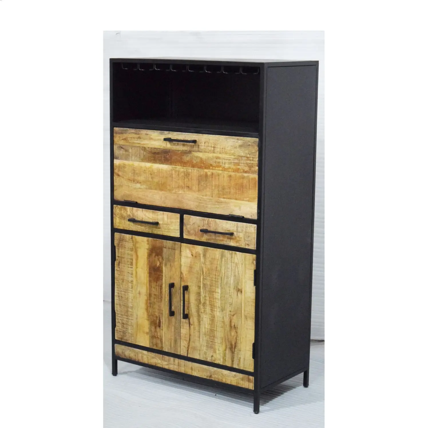 Vintage Industrial High Quality Handmade Iron Mango Wood Wine Glass Bar Cabinet Furniture with Separate Drawers and Doors