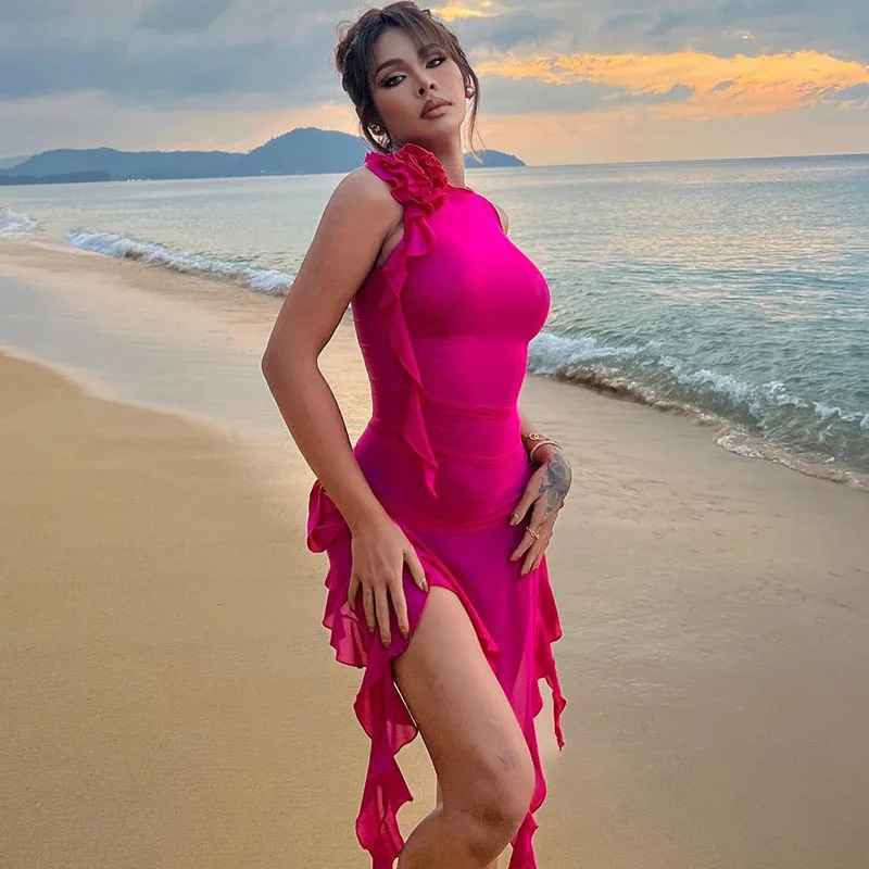 Summer Frill Sheer Red Mesh Dress Boho Clothing Beach Outfits For Women Sexy Long Dress Evening Party Dresses For Women