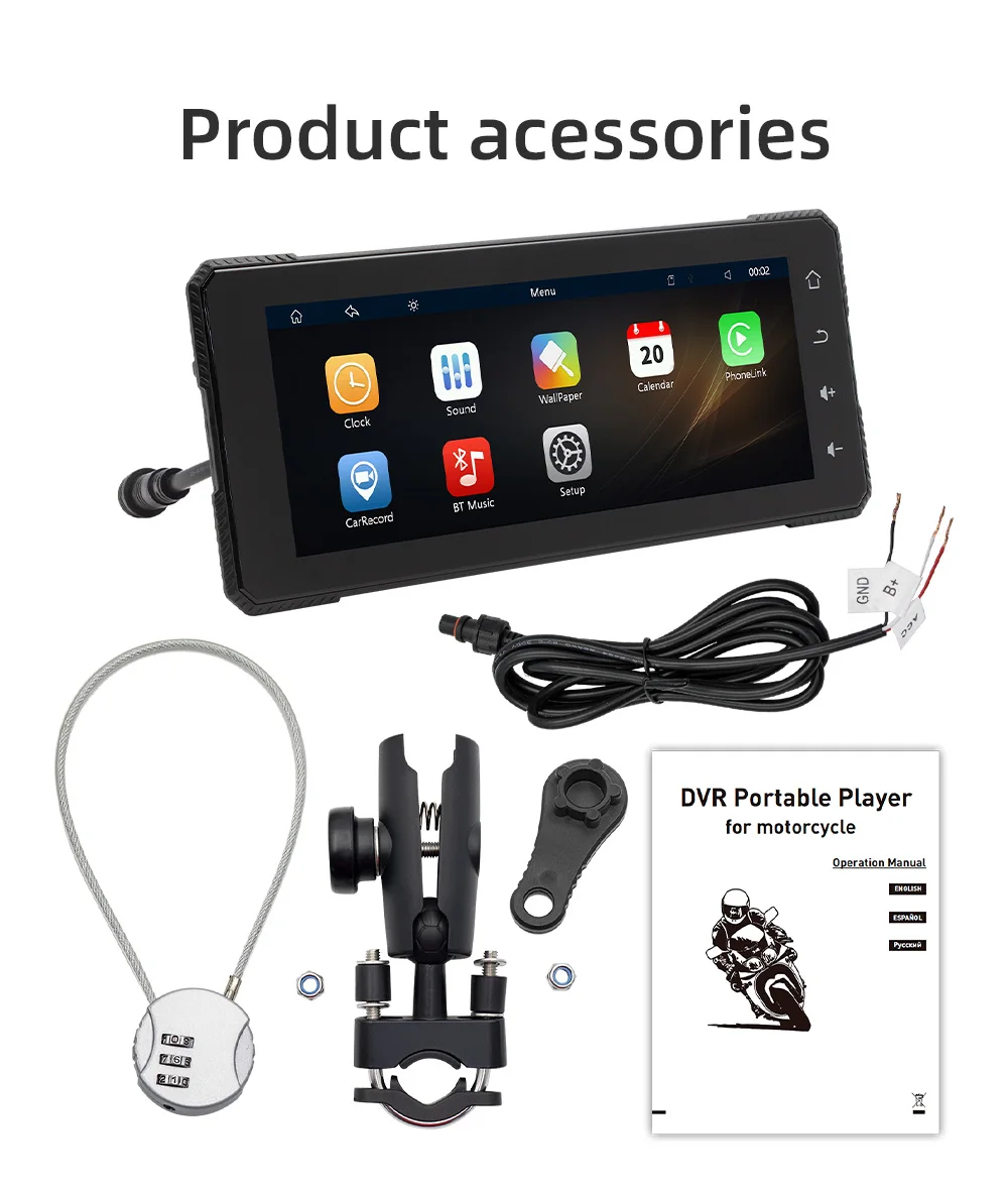 BQCC 6.86' Motorcycle Wireless Carplay Android Auto Portable Multimedia Smart Car Radio Dual BT DVR IP65 Waterproof Car Player