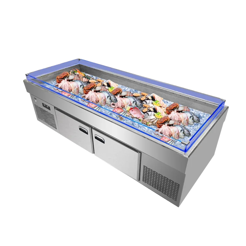 8-Supermarket Refrigerated Freeze Counter Open Door Cool Climate Glass Display Table for Seafood for Restaurant Use Compressor