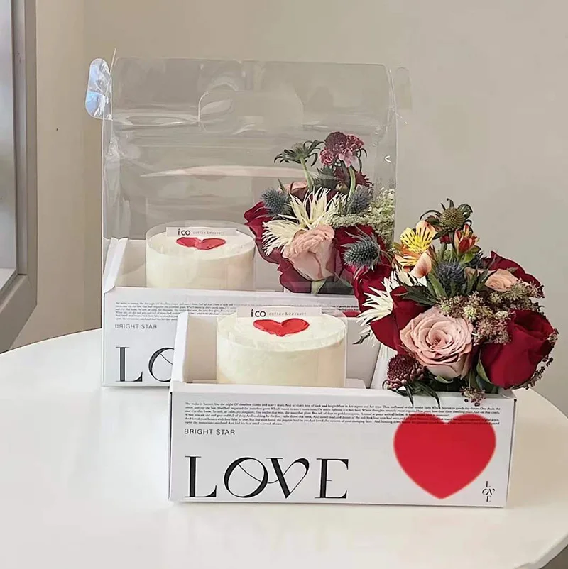 Exquisite Flower Cake Box Floding Transparent Christmas Anniversary Empty Gift Dessert Paper Packaging Box  With Handle