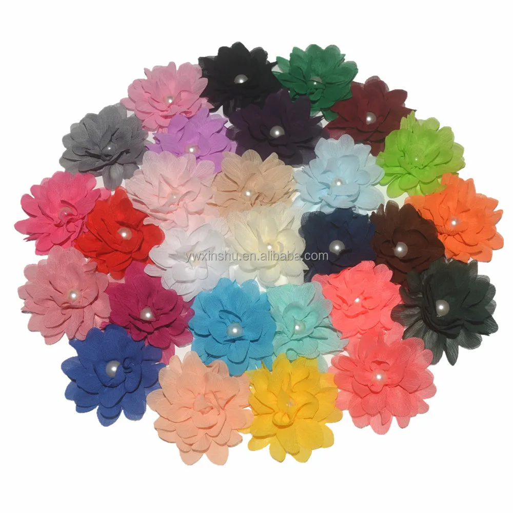New high quality 7cm pleated chiffon pearl head flower can be matched with clothing hat shoes flower 28 colors in stock