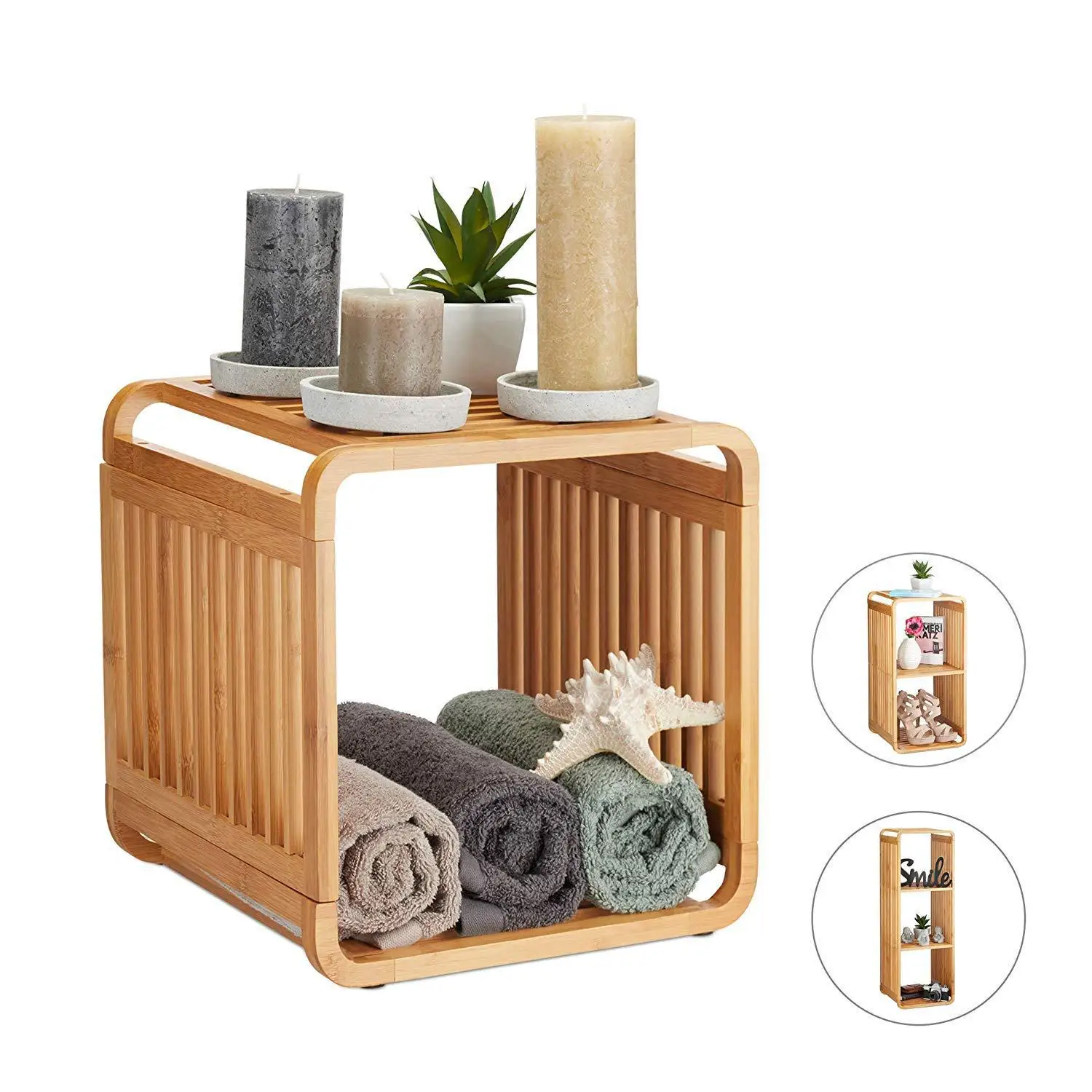 Bamboo Shelf, Rounded Slim Bathroom Rack with Tiers, Square, Natural, HWD: 33x33x33 cm