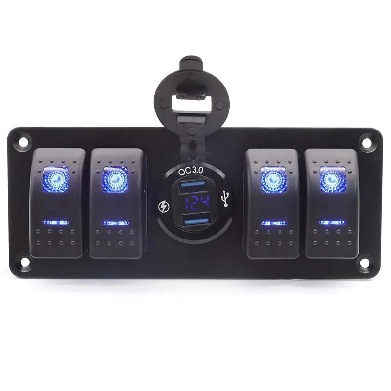 Aluminum 4 Gang 12V  Universal Rocker Switch Panel for Boat RV Offroad Truck Cars Multifunction with USB Digital Voltmeter