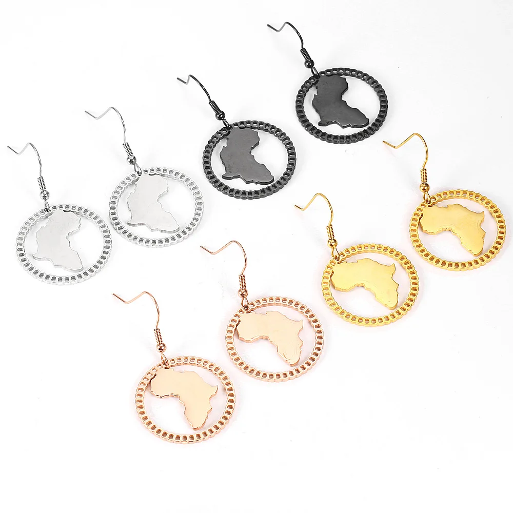  Wholesale Women Silver Rose Gold Black Earrings Round Map Shaped African Dangle