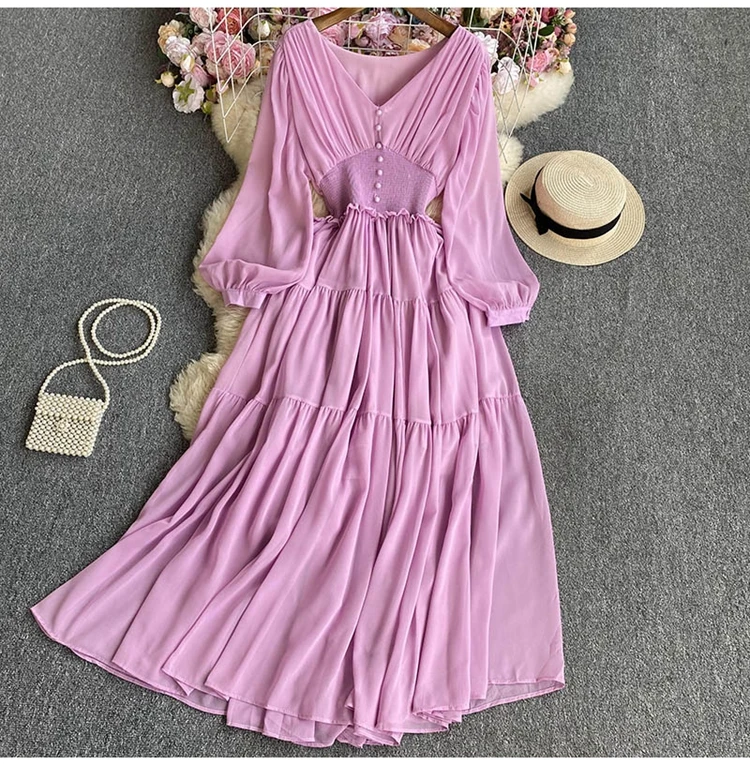 D9787  New 2023 Autumn V Neck Long Sleeve Slim Waist Patchwork Midi Dress Women Dresses Clothing Wholesale 10