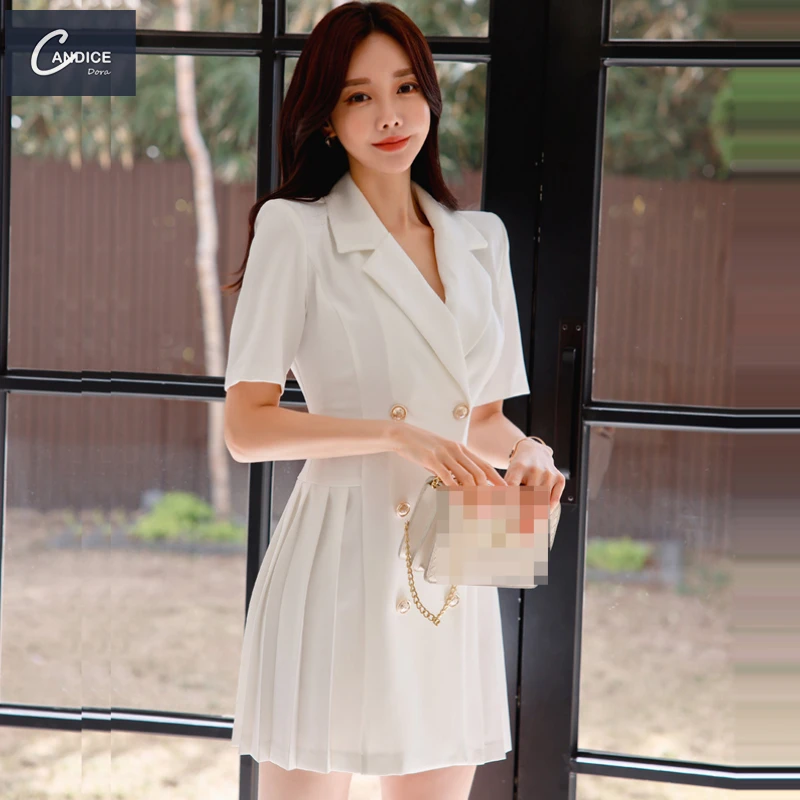 Candice 2023  Korean Suit Collar Double breasted Pleated Professional formal dress blazer womans office dress for ladies
