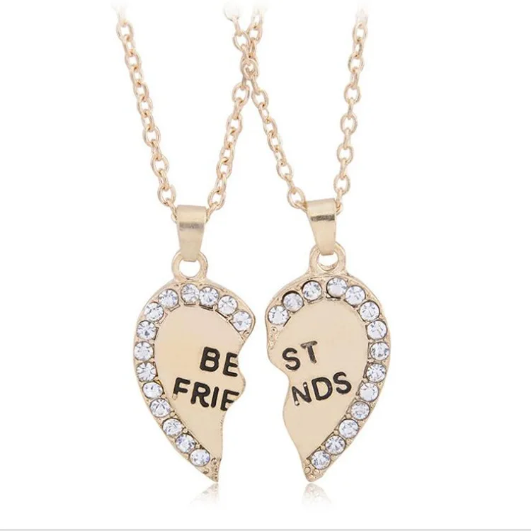 Hot Selling Love Gold 2 BFF Broken Heart Beat Pendant Fashion Diamond Best Friends Rhinestone Letter Necklace