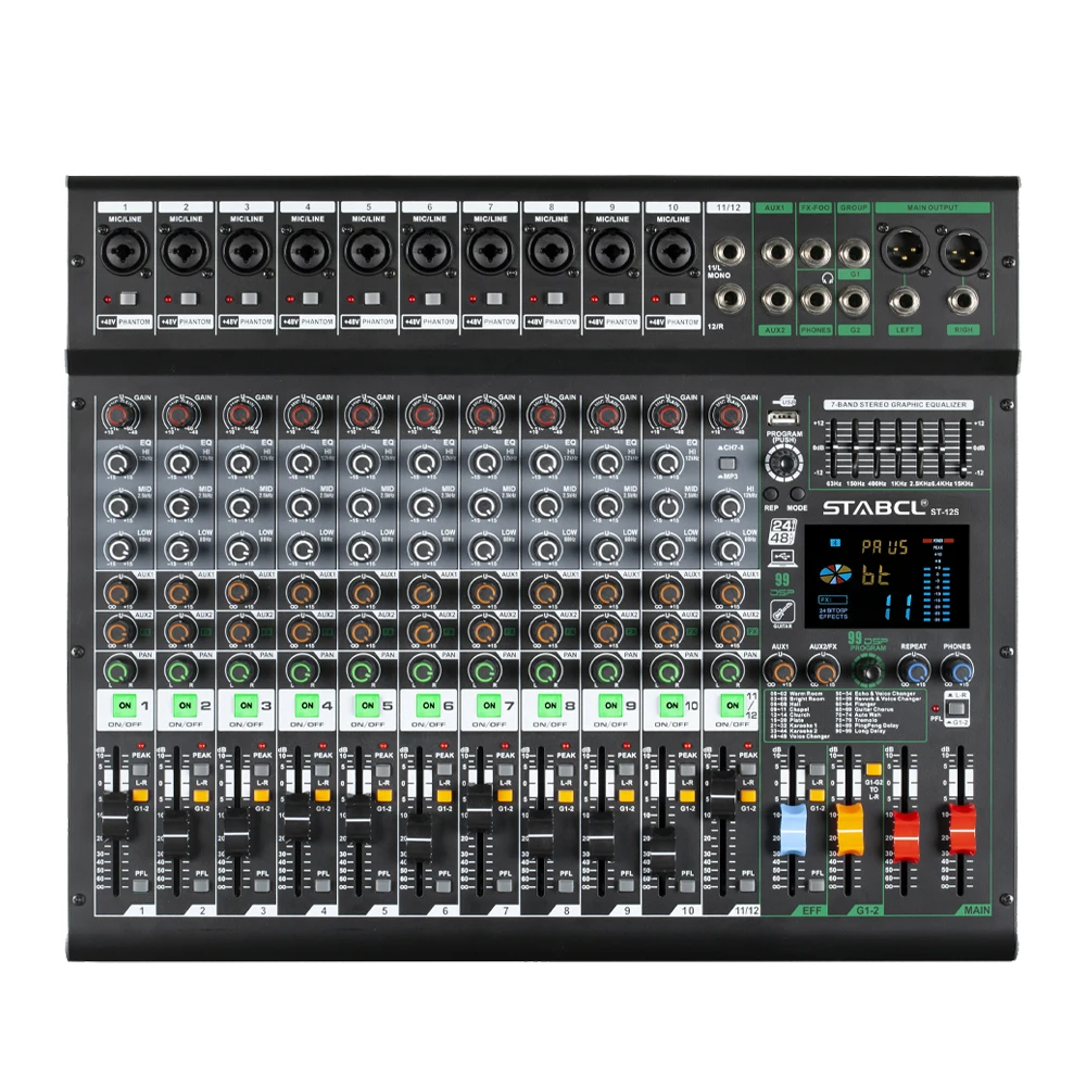 ST-12S Professional Studio Audio Mixer 12 Channels Music Console with USB Sound Mixing and 48V Phantom Power for Clubs