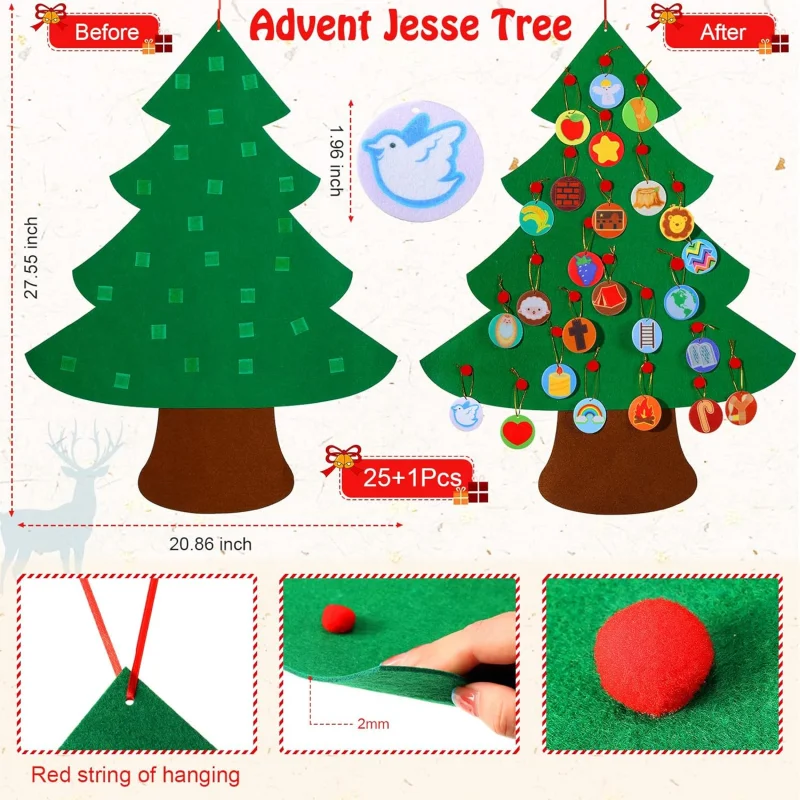 Felt DIY 26 Pcs Christmas Tree Advent Ornaments Countdown Set Advent Calendar Family Celebration for Home Wall Decor Hanging