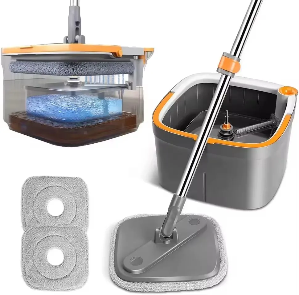 Microfiber Rotary Floor Mop Magic Telescopic Steel Handle Spin Mop Bucket Set With Self Separation Dirty and Clean Water System