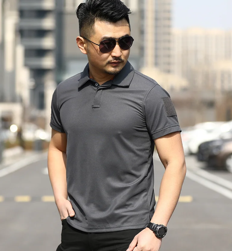 DFT0301  stock promotion Polo T shirts short sleeves with pocket on arm and magric sticky sign address