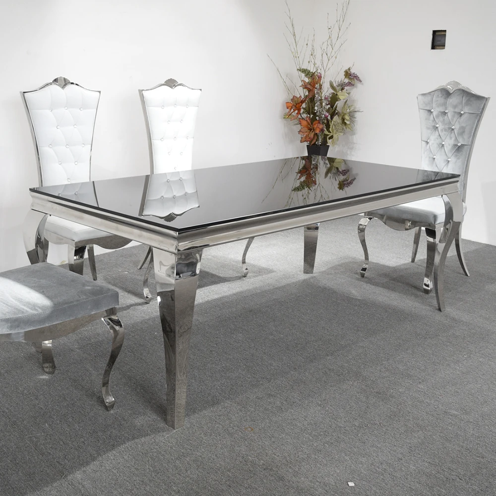 Современный обеденный стол из нержавеющей стали зеркальный черный столовый с 4 змеиными ножками и 6 стульями