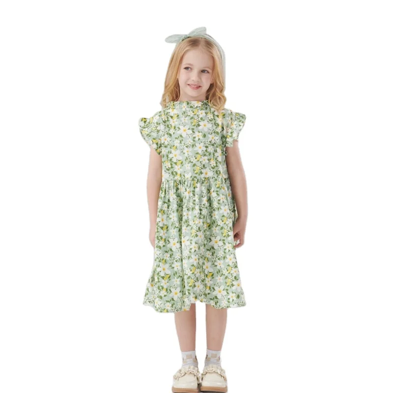 Kids Wear Wholesale Girls Clothes Fashion Pure Cotton Stand Collar Flying Sleeve Floral Girl Dresses for Girls