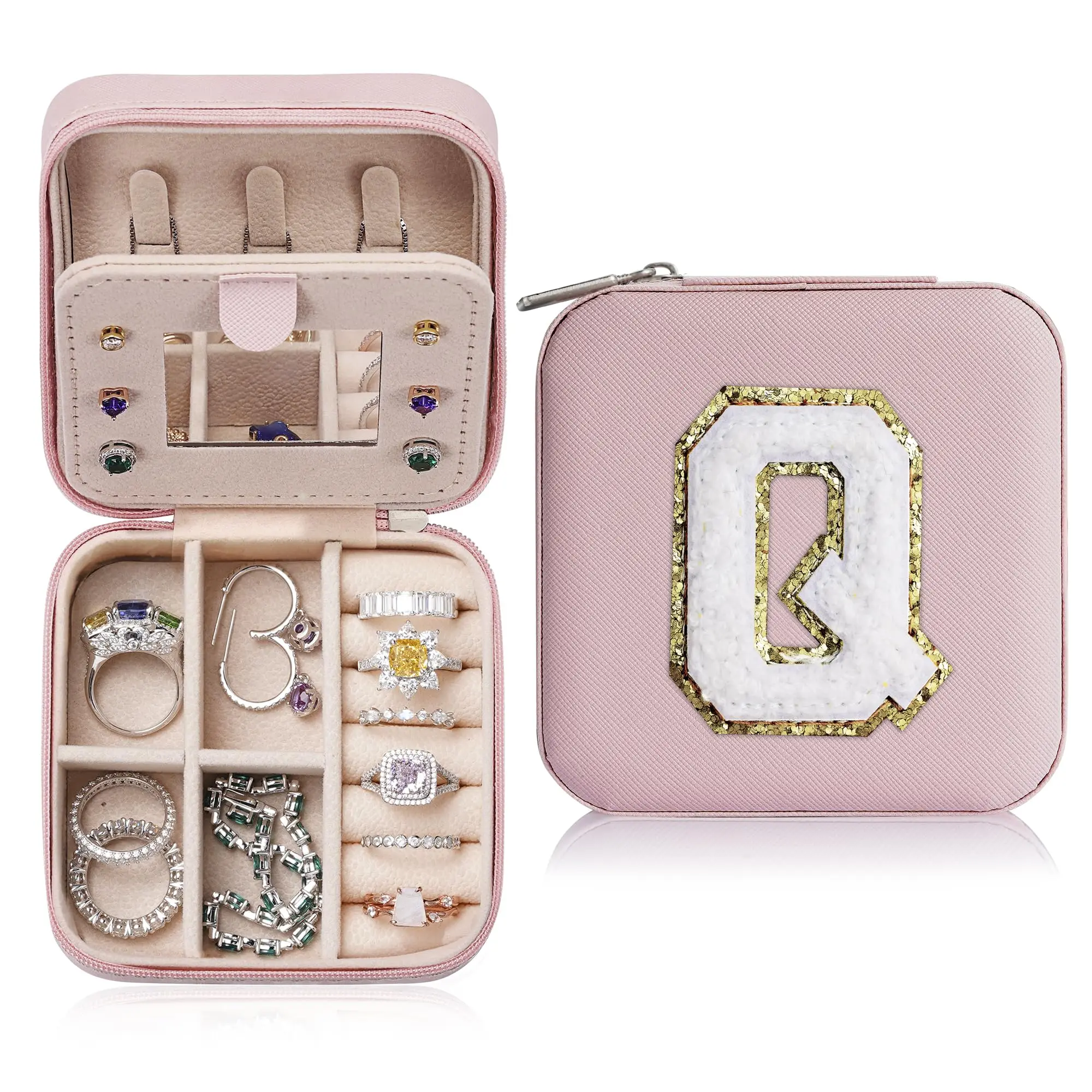 Travel Essentials Jewelry Pink Box Initial Letter A-Z Small Jewelry Organizer Case with Mirror