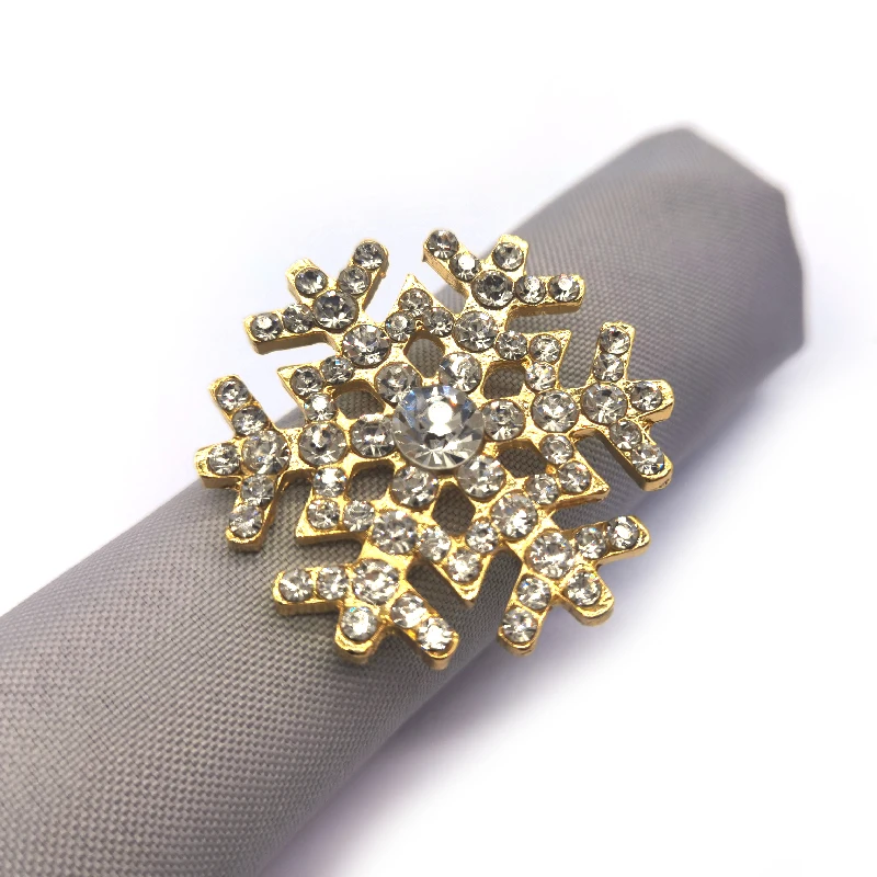 Wholesale gold coated metal crystal rhinestone Christmas wedding snowflake napkin rings