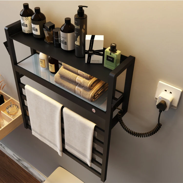 Modern Bathroom Electric Heated Towel Rack with Shelf Electric Towel Radiator with Storage Rack Heating Drying Towel Warmer