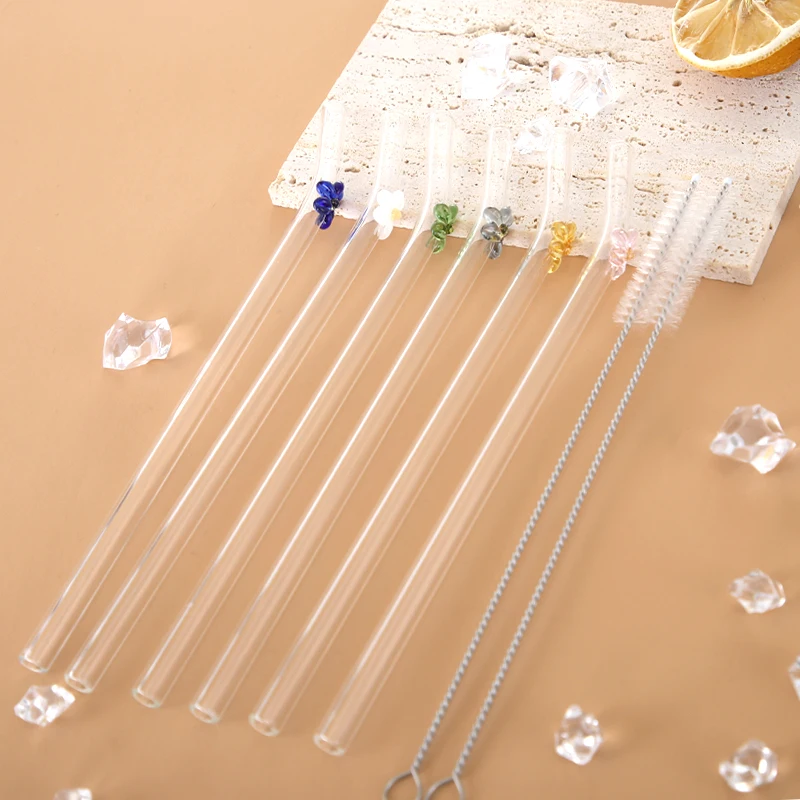 Handmade high Borosilicate Food safe Glass Reusable flower Straws flower tube animal straws glass straw Drinkware Accessories