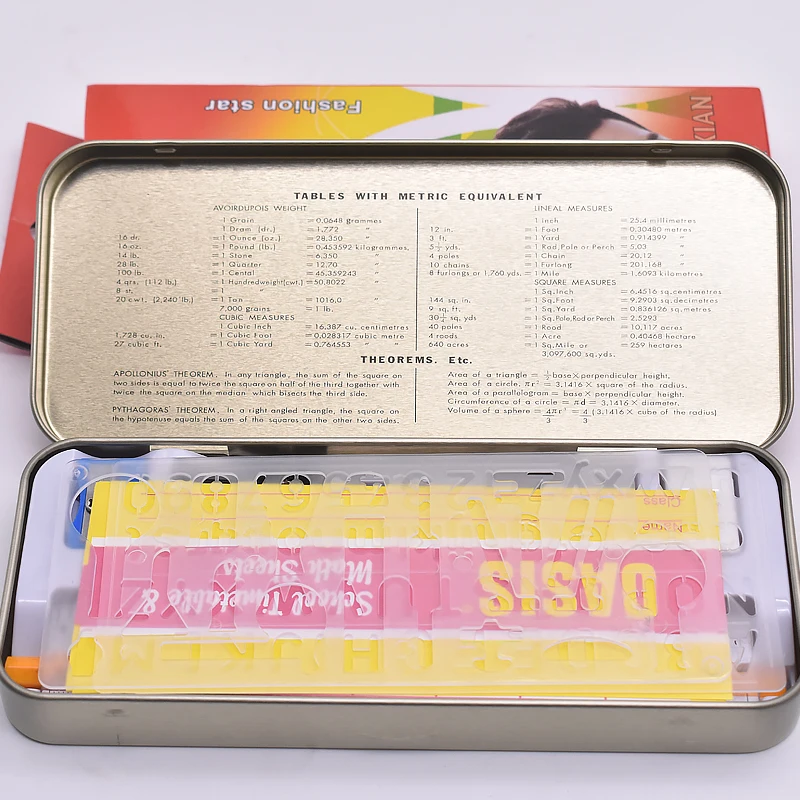 Бесплатный образец, хорошее качество, набор для школьного рисования, школьный ученический математический набор, компас, линейки в жестяной коробке