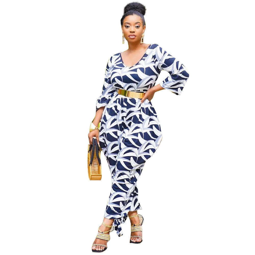 fall 2021 women clothes Long-sleeved Geometric pattern printing casual loose wide-leg one piece jumpsuits women