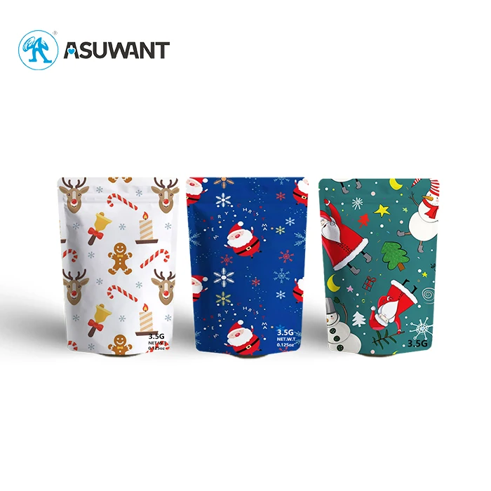 Custom Print Logo 1g 3.5g 7g Tobacco Bag Christmas Candy Edible Packaging Biodegradable Cartoon Cute Foil Lined Shape Mylar Bag