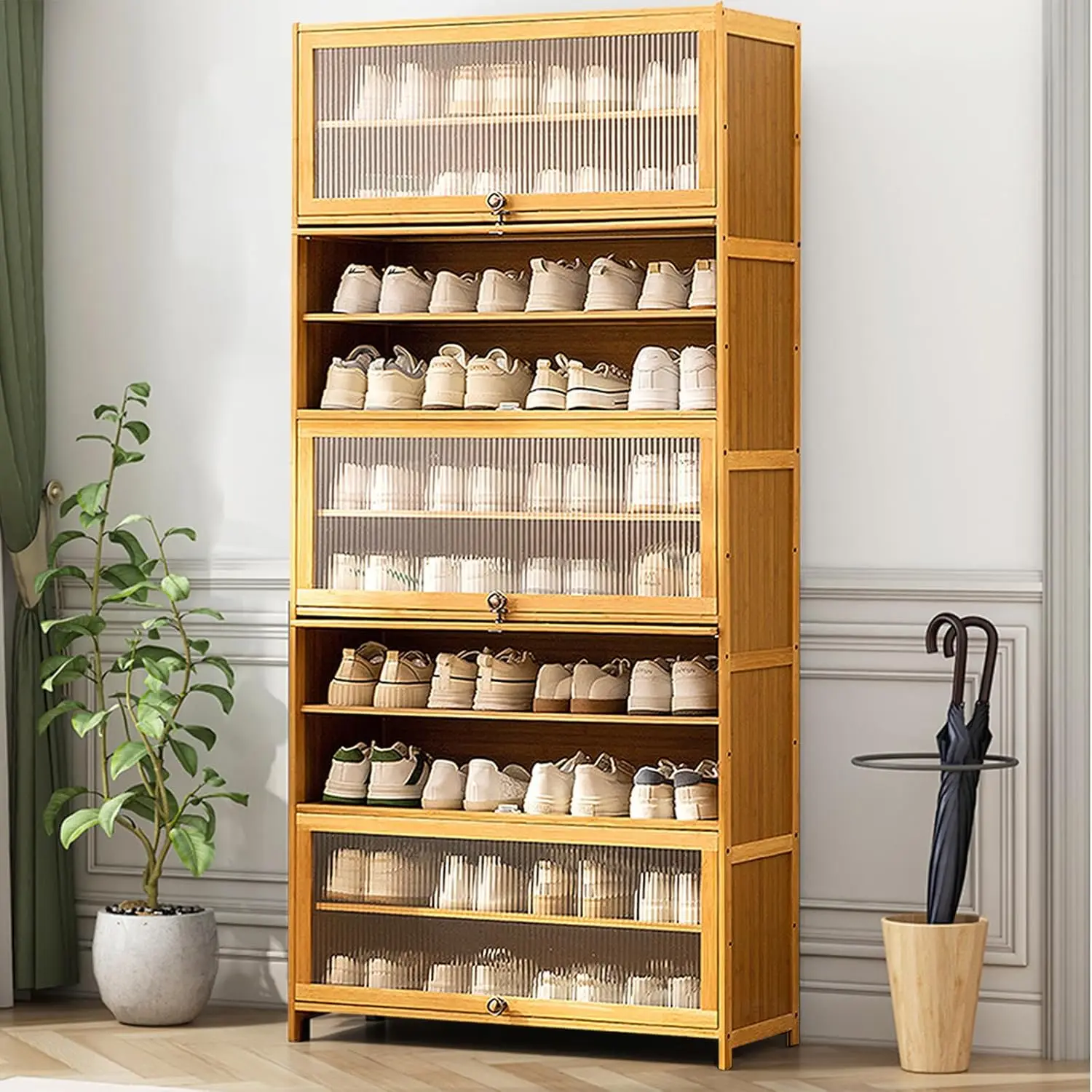 Large 10-Tier Bamboo Shoe Cabinet with Flip Doors Simple Design 40-45 Pairs Shoe Storage Rack Furniture for Home Entryway
