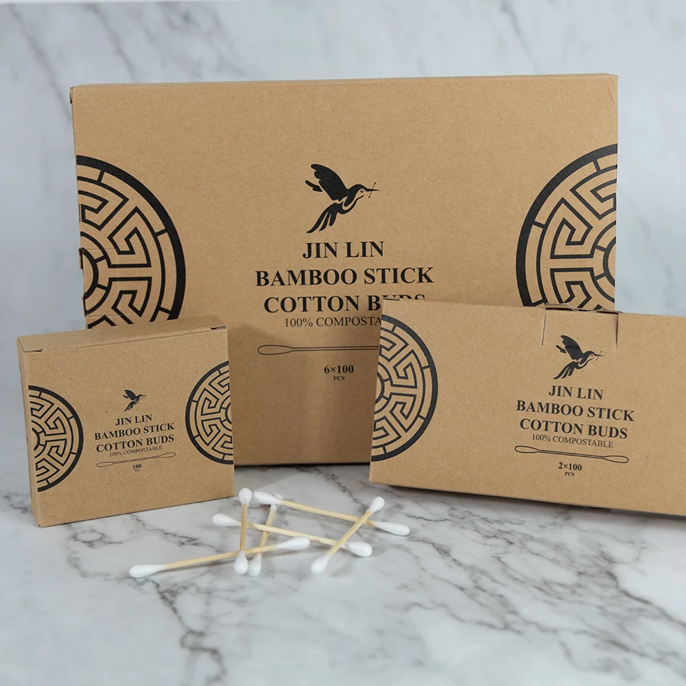 Eco-Friendly Recyclable Biodegradable 100Pcs Bamboo Sticks Cotton Swabs With Kraft Paper Box