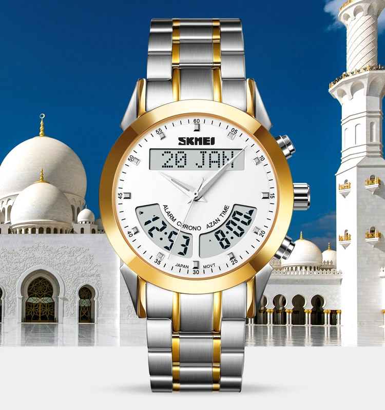 SKMEI Q036 New Arrival Men  Digital Watches Fashion Luxury Brand Watch Dual Time Stainless Steel Leather Men Wristwatch