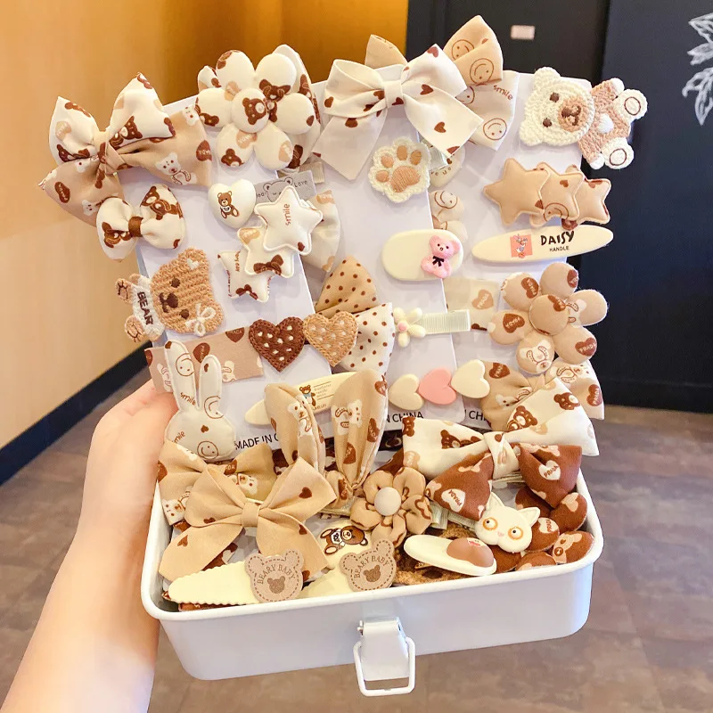 9 Pcs/Set Cartoon Brown Bear Girls Hair Accessories Set Children Kid Sweet Barrettes Fashion Headbands Hair Clips For Baby