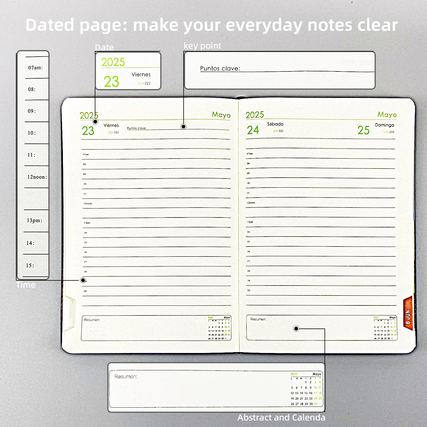 2025 Custom Logo Pu Leather Cover A5 Spanish Diary Planner Journal Agendas Notebook with Pen Holder