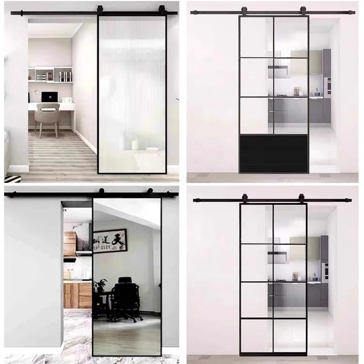 Aluminum frame tempered glass sliding door indoor bathroom bedroom hidden barn door