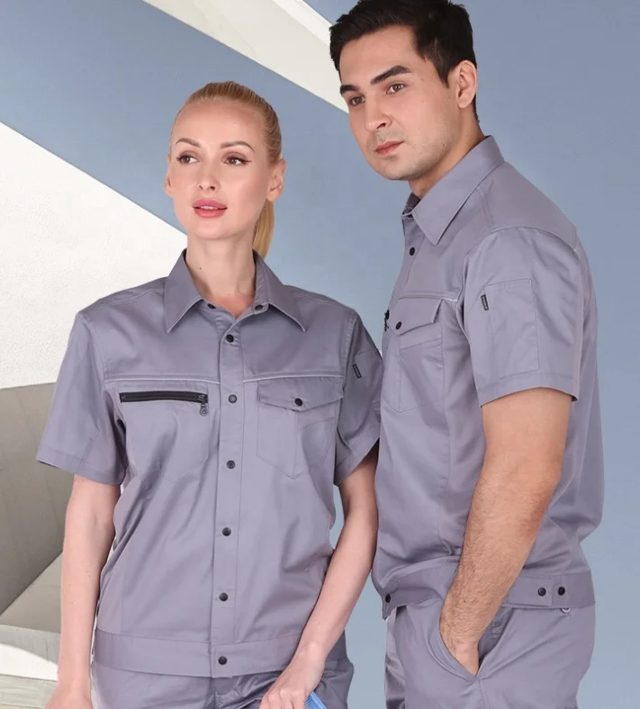 Summer Durable Breathable Labor Work Wear Button Up Short Sleeve Turn Over Collar Grey White Polo Shirt Jacket Cargo Pant Set