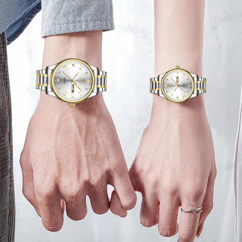 New Stainless Steel Band Mens Women quartz Wrist Luxury Gold Couple Watch for Set Lovers Brand Fashion Relojes-hombr Reloj Mujer