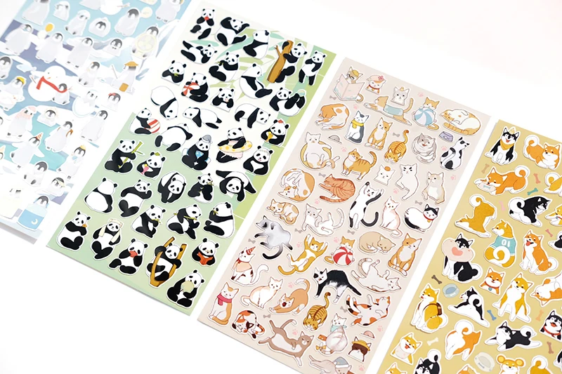 Nekoni PVC Animal Sticker Sheet Penguin Puppy Dog Cat Kitty Panda Puppy Stickers Decal Waterproof Scrapbooking Stickers