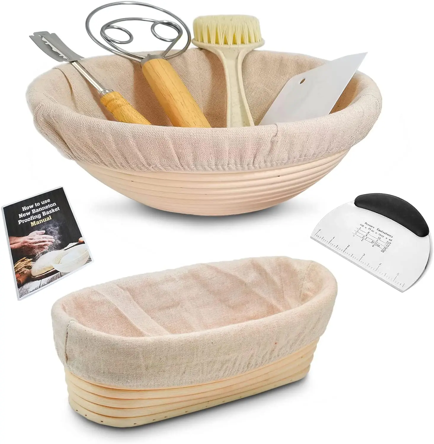 13 pcs a set fermentation basket sourdough proofing baskets for sourdough with Cloth Liners Dough Scrapers Dough Whisk Bread Lam