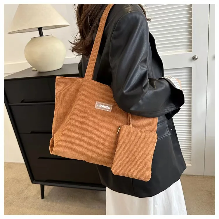 Buy a corduroy tote bag and send a makeup bag as a gift Corduroy Tote Bag for Women Canvas Shoulder Cord Purse with Inner Pocket