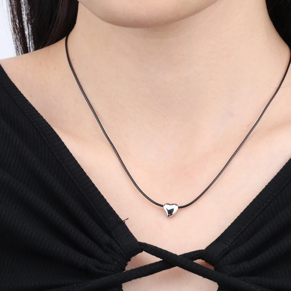 Chris April 316L stainless steel  hand crafting wax rope hollow heart charm chain necklace