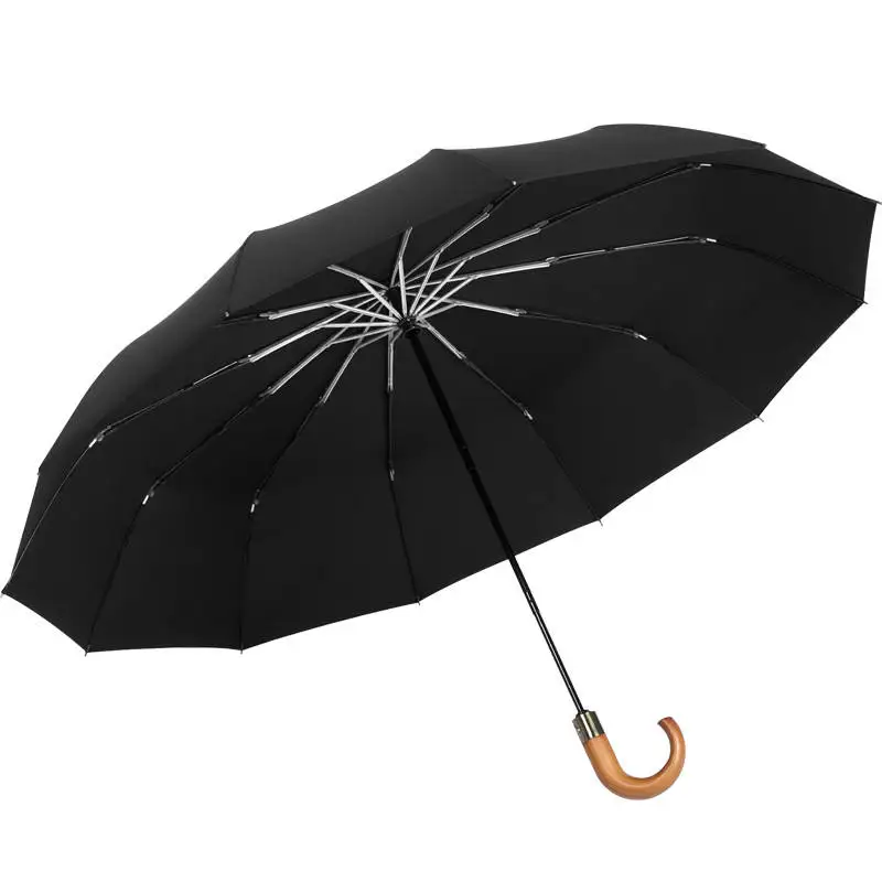 Factory wholesale automatic single layer umbrella 3 fold open umbrella hook wooden handle with uv