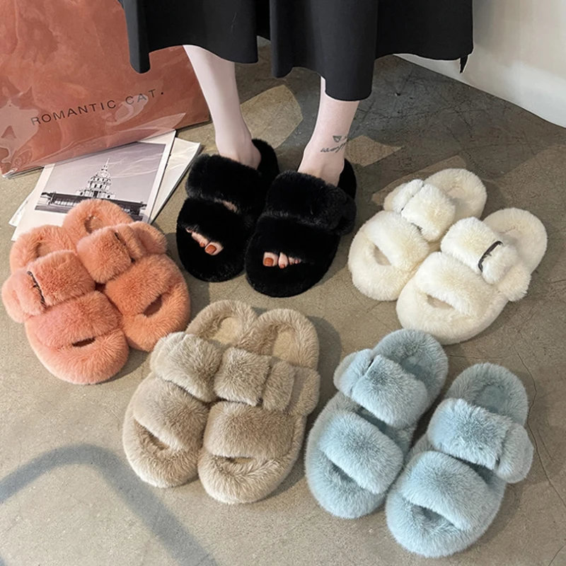 Wholesale 2022 Korean version autumn thick sole non-slip fuzzy slippers women fashion outdoor slides white casual shoes