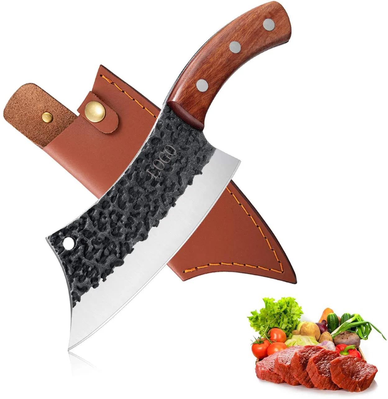 Hand Forged Meat Cleaver 6.3 Inch Kitchen serbian Chef Knife with Leather Sheath and Gift Box Outdoor Butcher Knife