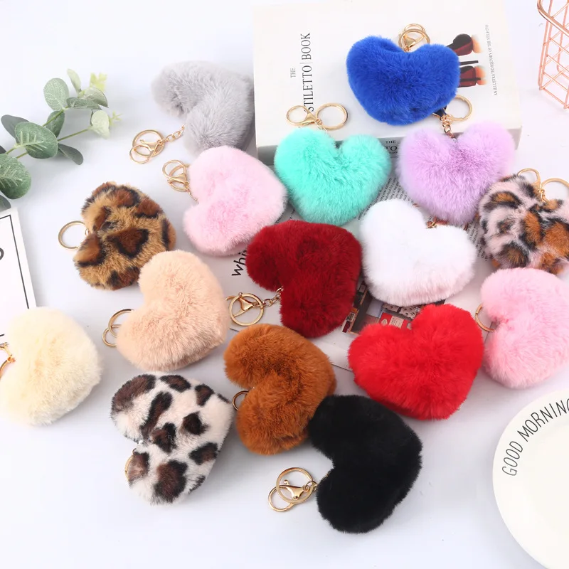 Soft Cute Furball Pompom Heart Shaped Plush Fluffy Balls Rabbit Fur Pom Pom Keychain