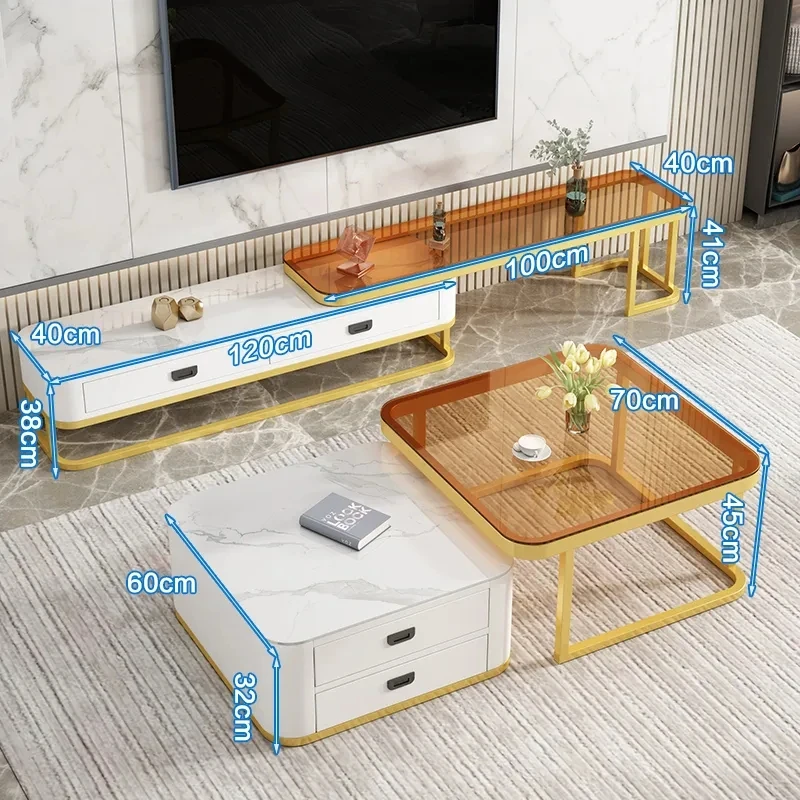 Light Luxury Modern Living Room Household Small Flat Rock Plate square Retractable Glass TV Stand Set