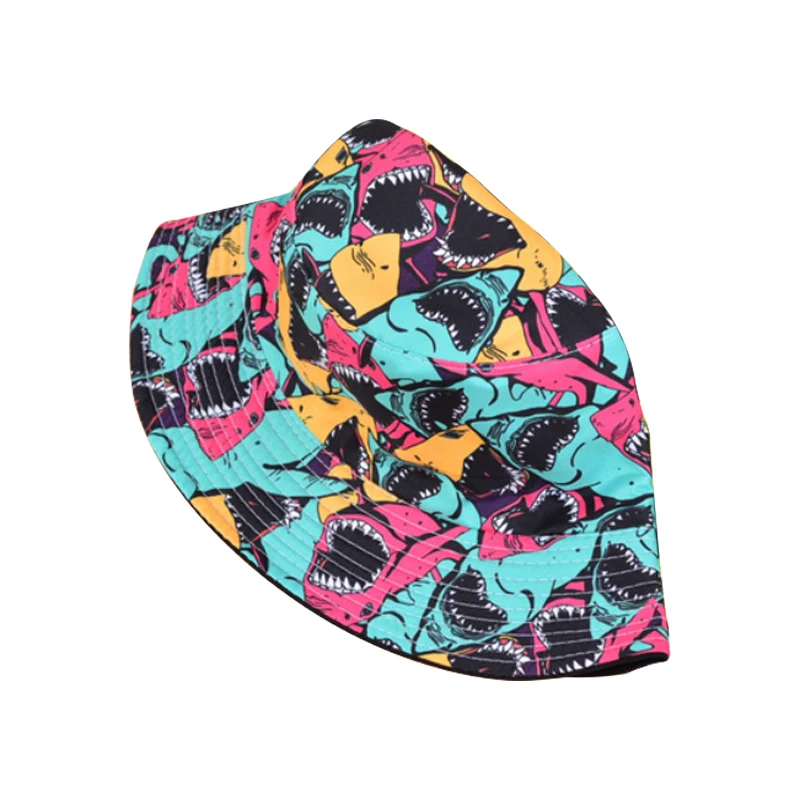 Summer Hip Hop Travel Beach Cap For Men Women Double Sides Graffiti Panama Caps Shark Print Fisherman Hats Cartoon Bucket Hat