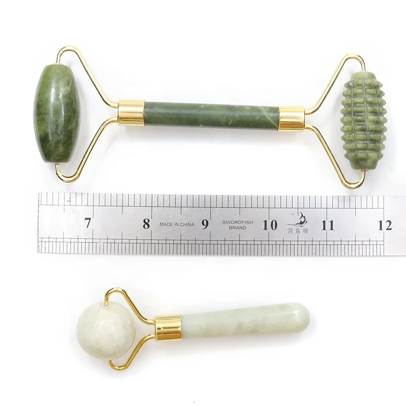 Custom  Natural Green Xiuyan Guasha Stone Jade Roller Facial Massage Gua Sha Tool Jade Massager Roller with Teeth
